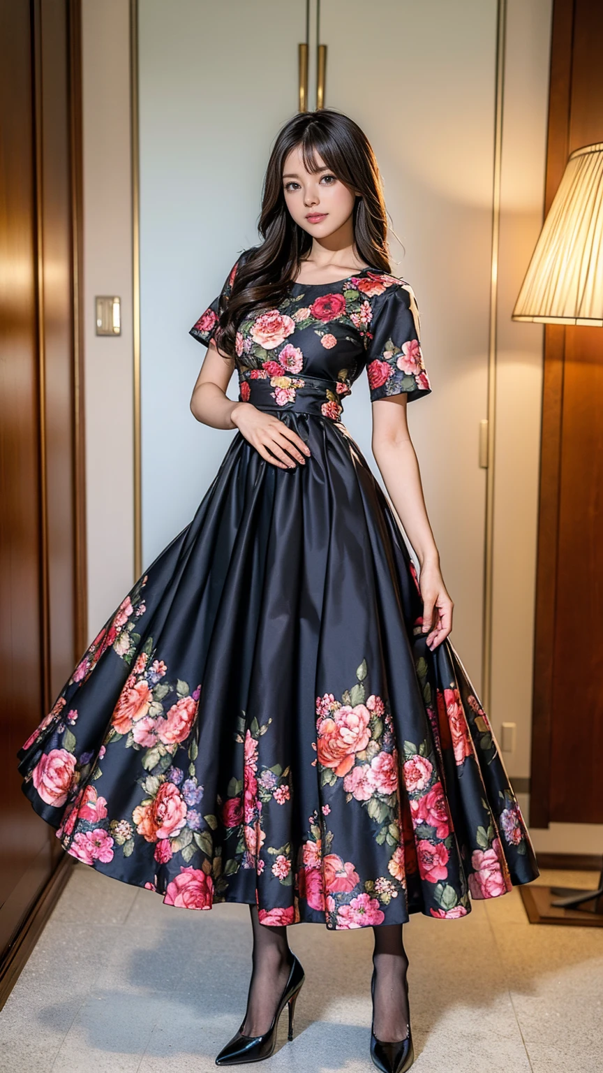 ((masterpiece)),(((Highest quality))),Thin thighs,Long legs,whole body:1.5,(One Girl:1.3),(Black pantyhose and thick pointy heels:1.3),(Wearing a floral long skirt dress:1.2),Short Blonde:1.2、Model pose,