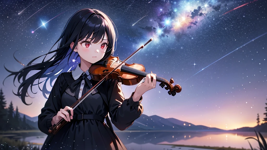 A girl playing the violin, with black hair and glassy red eyes, a serious gaze, under a night sky filled with stars and a single comet. She is positioned over a lake, depicted in a full shot. The scene is sprinkled with light particles and has a bokeh effect. Requesting high quality, high resolution, a masterpiece, and the best shot.