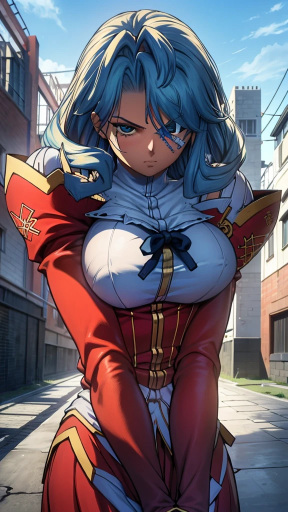 High detailed, 1 girl, huge wavy hairstyle aegean-blue colored hair, detailed Cyan eye, eyepatch, busty, huge And round buson, Orange clothes, violent face, serious face, eyepatch, eyepatch, eyepatch, looking to the viewer, facing the viewer