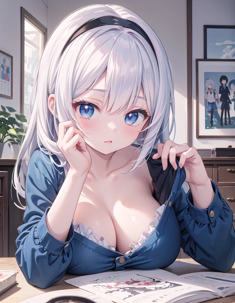 A beautiful girl with white hair and blue shirt, posing seductively in a room, detailed anime style, attractive anime girl, ink wash painting anime, 4k anime wallpaper, cute anime girl art, ecchi anime style, best anime girl, cute anime aesthetic, beautiful anime girl, (1girl), beautiful high school anime gir