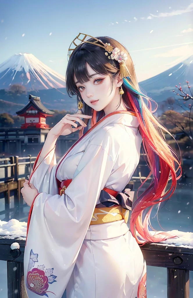 (The image shows only the upper body:1.7),
((8K, RAW Photos, Highest quality, masterpiece), High-resolution RAW color photos、
Professional close-up photography, (Realistic, フォトrealism: 1.37),
(Highest quality), (Best Shadow), (Best illustrations),
High-quality images、Skin Radiance、Texture of skin and clothing、
Expression of fine eyes、Shiny Hair,Long Hair Girl, Manga inspired by Lee Jong-suk,
Trending on deviantart, realism, detailed manga style, Manga art style,
Perfect Line Drawing, Beautiful line art, digital manga art girl, K-POPアイドル, dress,
Beautiful brown eyes, Fuller lips, Gorgeous face with attention to detail,
(Cute Smile), attractive, Innocent, (Perfectly detailed face),
(Detailed and carefully drawn hand) Photorealistic images, Written boundary depth,
Japanese style princess cut hairstyle,
best quality, masterpiece, New Year,
((Kimono with strikingly beautiful colorful colors:1.7)),
Three Japanese high-school cute girls, ((looking straight)),
gently smiling,
((upper arms hidden by clothes and hair)),
(innocent and pure high-school-girls:1.7)
((white short scarf)), ((white feather shawl)),
(separately side by side:1.4),
shrine background, (mount Fuji:1.3), ((snow))
winter(season), (outdoors:1.5)