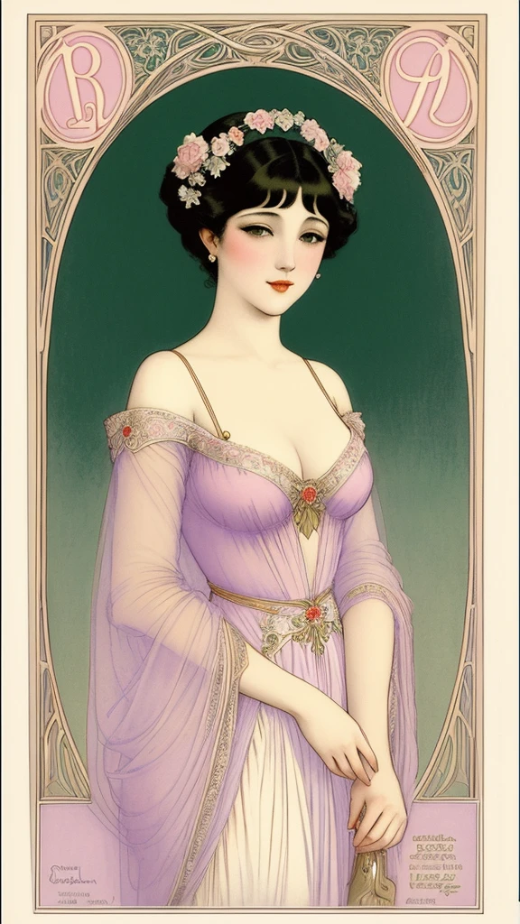 a beautiful flirtatious courtesan awaiting her lover, antique art nouveau by Raphael Kirchner, vintage pastel color palette 