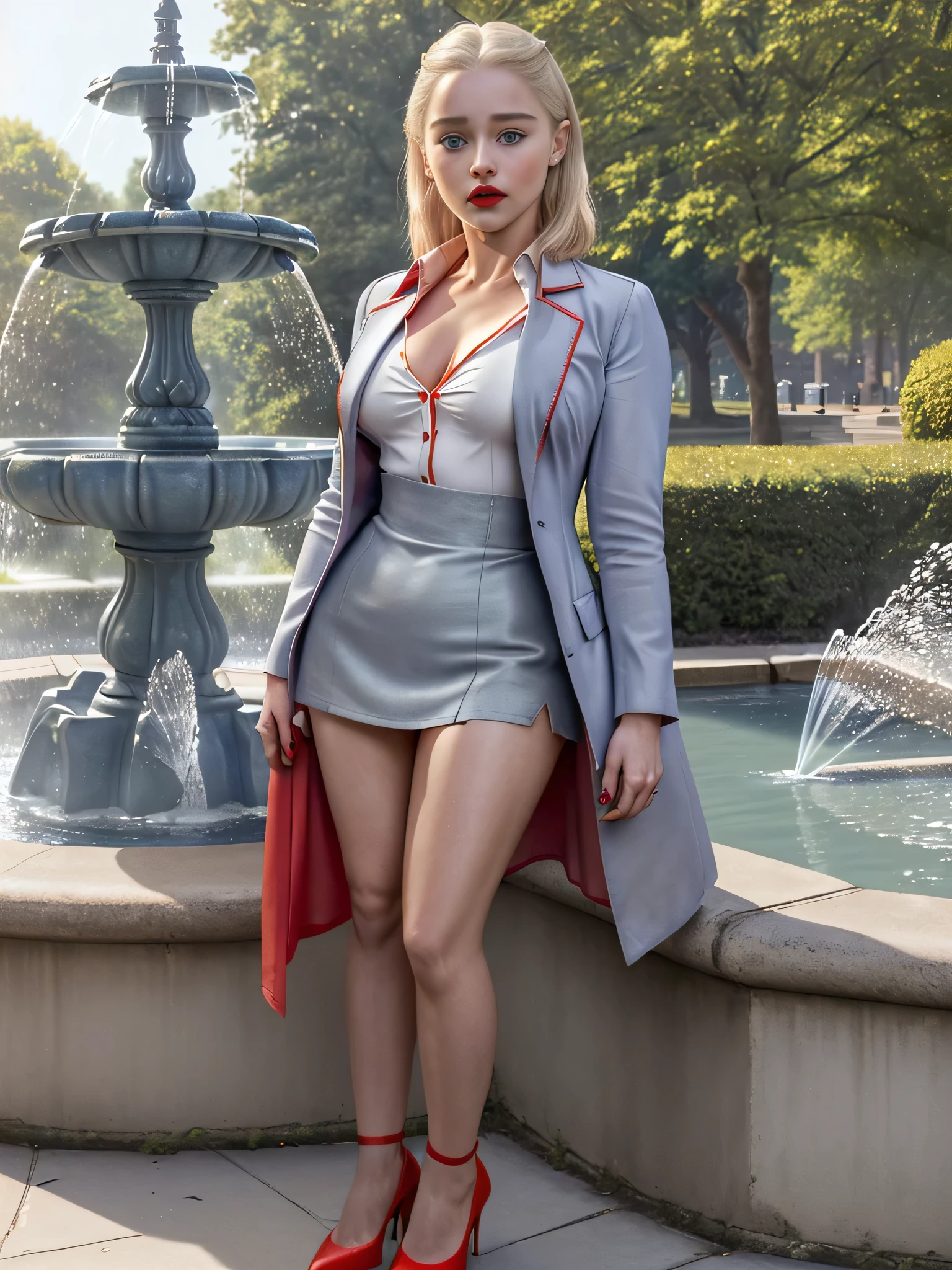 masterpiece, ultra detailed, 8k, realistic, beautiful blonde woman, pefectly detailed face,  blue eyes perfectly outlined , red lipstick,  perfect body,  wears a white button-down blouse with a low chest, gray cloth blazer, gray cloth miniskirt, skin pantyhose,  and red heels, she is standing next to a fountain in a park on a sunny day emlclrk