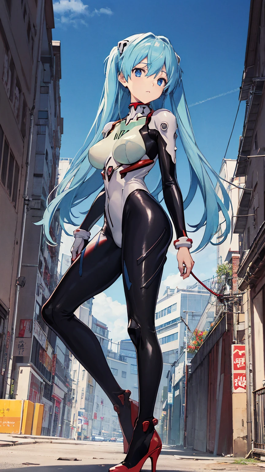 初音ミクはPlug Suitを着ている、Big Breasts、Latex bodysuit、Plug Suit((Neon Genesis EVANGELION))、Plug Suitの色は白と水色、High heels、The background is ruins、high resolution、2010s anime style、8K CG