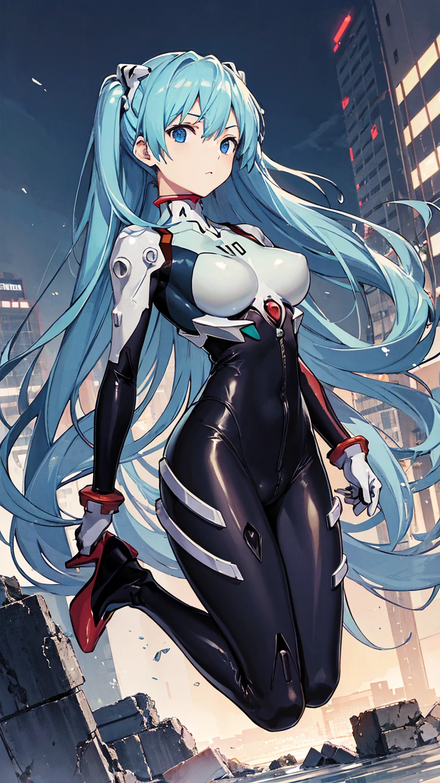初音ミクはPlug Suitを着ている、Big Breasts、Latex bodysuit、Plug Suit((Neon Genesis EVANGELION))、Plug Suitの色は白と水色、High heels、The background is ruins、high resolution、2010s anime style、8K CG