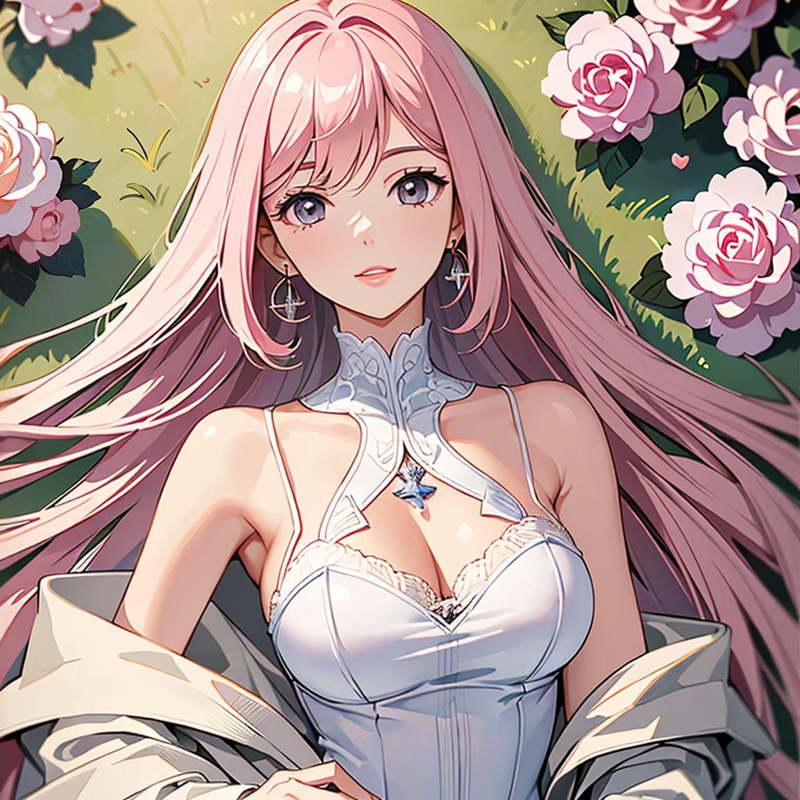 (masterpiece, high quality, best quality, 4k, 8k:1.4), 1girl, solo, pink hair, brown eyes, double-parted bangs, long hair, (mature female, mature:1.2), mole under eye, earrings, strap sweetheart white dress, detailed face, beautiful detailed eyes, beautiful detailed lips, extremely detailed face, long eyelashes, intricate details, soft lighting, soft color pallette, perfect anatomy