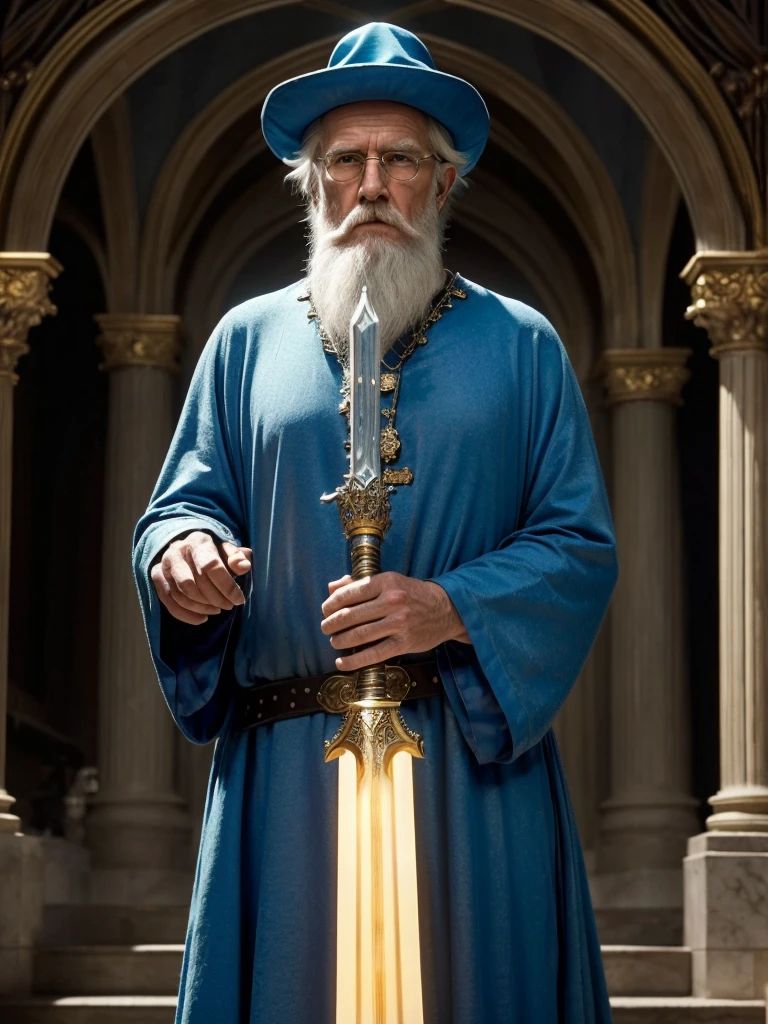 ((Merlin the Wizzard)) old man Merlin epic character from the movie King Arthur, with his long white beard and big hat, his blue suit with gold stars, in a very magical cinematographic scene raising the sword of escalibud very realistic and perfect image