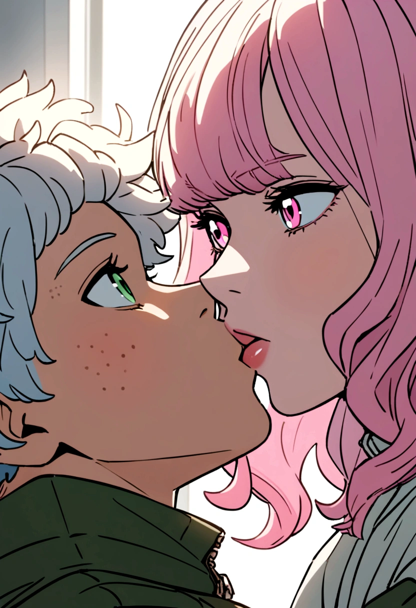 screenshot My Hero Academy in a room. two people kissing. Boy with pink and white hair and light pink eyes. girl with short wavy hair. Navy blue hair with a white streak. light green eyes. Black freckle jacket with cargo pants.