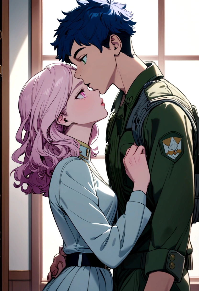 screenshot My Hero Academy in a room. two people kissing. Boy with pink and white hair and light pink eyes. girl with short wavy hair. Navy blue hair with a white streak. light green eyes. Black freckle jacket with cargo pants.