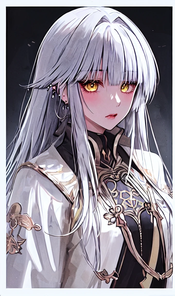1girl, portrait, earrings, solo,lips, female focus, yellow eyes, looking at viewer, white hair, long hair, closed mouth