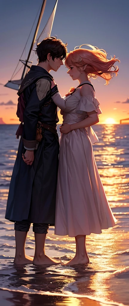 Prompt Title: The Fateful Story of Titanic
Scene 2: Romantic Moment

Setting: The bow of the Titanic at sunset, with the ship cutting through calm waters.
Characters: Jack and Rose standing at the very front of the ship, arms outstretched as if flying, with Jack standing behind Rose, holding her gently. Both characters are smiling, their hair and clothes slightly tousled by the wind.
Background: The sky ablaze with hues of orange, pink, and purple as the sun sets over the ocean, casting a warm glow over the scene.
