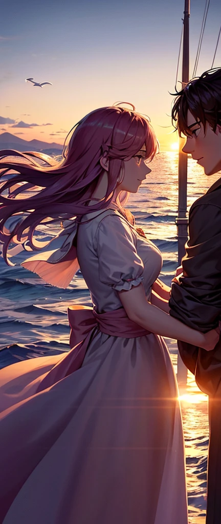 Prompt Title: The Fateful Story of Titanic
Scene 2: Romantic Moment
Setting: The bow of the Titanic at sunset, with the ship cutting through calm waters.
Characters: Jack and Rose standing at the very front of the ship, arms outstretched as if flying, with Jack standing behind Rose, holding her gently. Both characters are smiling, their hair and clothes slightly tousled by the wind.
Background: The sky ablaze with hues of orange, pink, and purple as the sun sets over the ocean, casting a warm glow over the scene.