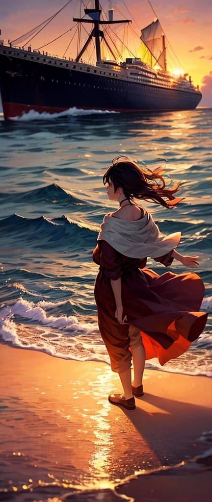 Prompt Title: The Fateful Story of Titanic
Scene 2: Romantic Moment
Setting: The bow of the Titanic at sunset, with the ship cutting through calm waters.
Characters: Jack and Rose standing at the very front of the ship, arms outstretched as if flying, with Jack standing behind Rose, holding her gently. Both characters are smiling, their hair and clothes slightly tousled by the wind.
Background: The sky ablaze with hues of orange, pink, and purple as the sun sets over the ocean, casting a warm glow over the scene.