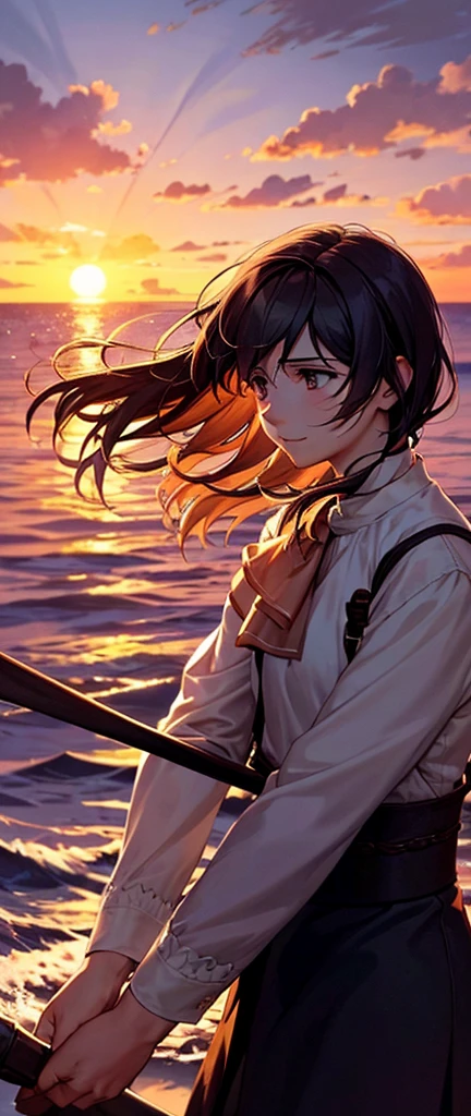 Prompt Title: The Fateful Story of Titanic
Scene 2: Romantic Moment
Setting: The bow of the Titanic at sunset, with the ship cutting through calm waters.
Characters: Jack and Rose standing at the very front of the ship, arms outstretched as if flying, with Jack standing behind Rose, holding her gently. Both characters are smiling, their hair and clothes slightly tousled by the wind.
Background: The sky ablaze with hues of orange, pink, and purple as the sun sets over the ocean, casting a warm glow over the scene.