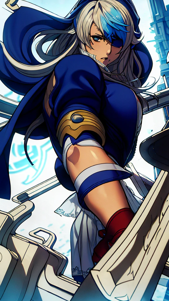 High detailed, 1 girl, sigui, sigui's hairstyle aegean-blue colored hair, detailed Cyan eye, eyepatch, busty, huge And round buson, Orange sattela's clothes, sattela's Long skirt, violent face, serious face, eyepatch, eyepatch, eyepatch, looking to the viewer, Dynamic pose