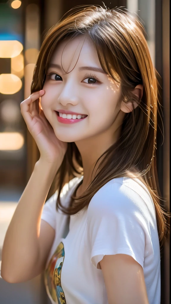 Image resolution 8K、Representative works:1.3)、Beauty、1 female、(魅力的なbody:1)、abdomen:1.1、Dark Brown Hair:1.1、(body:1)、Super detailed facial features、Attractive lips、double eyelid、Wearing a fashionable and stylish V-neck shirt、Super realistic and super cute details、Japanese women、10th generation(18-year-old)、Adorable smile with a smile、Hair blowing in the wind、color々Hair style、Portrait in the studio、秋の季節でもみじが赤colorに紅葉している、