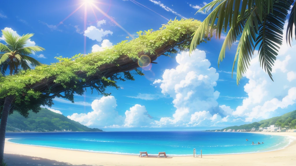 shinkai makoto, kimi no na wa., outdoors, summer, beach, palm tree, cloudy, sunlight, lens_flare, blue sky