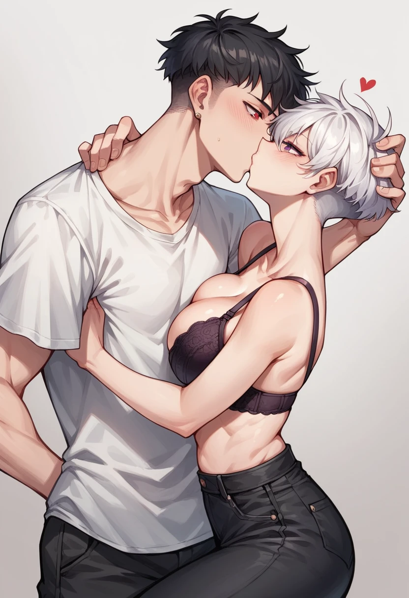 A sexy girl with short white hair and a curvy body wearing leggings kissing a handsome young guy man 