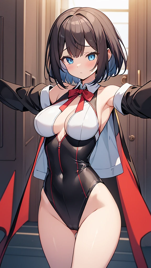 (Highly detailed CG Unity 32k wallpaper,masterpiece, Biological, whole body),(Best lighting, Best Shadow, Very delicate and beautiful),(High School Girl and Unidentified Creatures),blue eyes, Big Breasts,Bouncing chest, Black Hair,Bobcut,Red and black and White off-the-shoulder revealing high-cut SF bodysuit,One-piece swimsuit-style clothing,Clothes that emphasize the chest,Neck Seal,High-tech sci-fi corridor, Dynamic pose, Detailed Machinery, Sleek design.,My crotch is wet, {{The unidentified creature had no reproductive organs, so it preyed on the high school girls on the spaceship and disguised itself as a woman.、High school girls are candidates, The unidentified creature looks like a high school girl grown into an adult, She has an adult appearance and has intense vaginal sex with a man}}, Intense vaginal sex with a man, Unknown sensation, Feels good, Vigorous movement, more, instinct, Female fall, Bouncing chest, loose, loose, Next to a real girl skeleton, locker room, NSFW