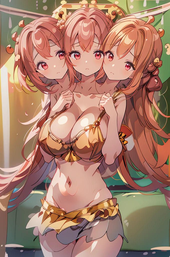 (masterpiece, best quality), best quality, (ultra-detailed), (3heads:1.5), 1girl, (kosuzu motoori:1.3), masterpiece, (best quality:1.5, highres, UHD), highres, absurdo, ultra detail, ultra quality, Ultra resolution, checkered top, crop top, ((stomach)), midriff, ((groin)), checkered skirt, normal ears, shackles, light red hair, twintails adorned with bells, very long hair, wavy hair, sidelocks, red eyes, detailed eyes, parted lips, single horn, sweat, cute, toned belly, hand on own chest, eyelashes, (24 year old woman:1.3), (masterpiece:1.5), (best quality:1.5), (beautiful detailed), extremely detailed CG, extremely delicate and beautiful, depth of field, (finely detailed face), (perfect details:1.2), ( female:1.3), wide pelvis, slender, large veiny breastresolution, very high quality, very high definition, extremely detailed, masterpiece, light red hair, long hair, alluring presence, braid, short skirt, close up, very big tits, hu young, glasses
