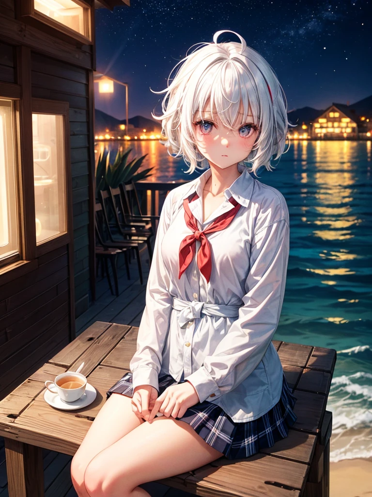 School girl, white hair, cute hair, Sitting outside the cabin, beach and city in the background, diffuse lights, night, taking tea, short messy hair, neon lights