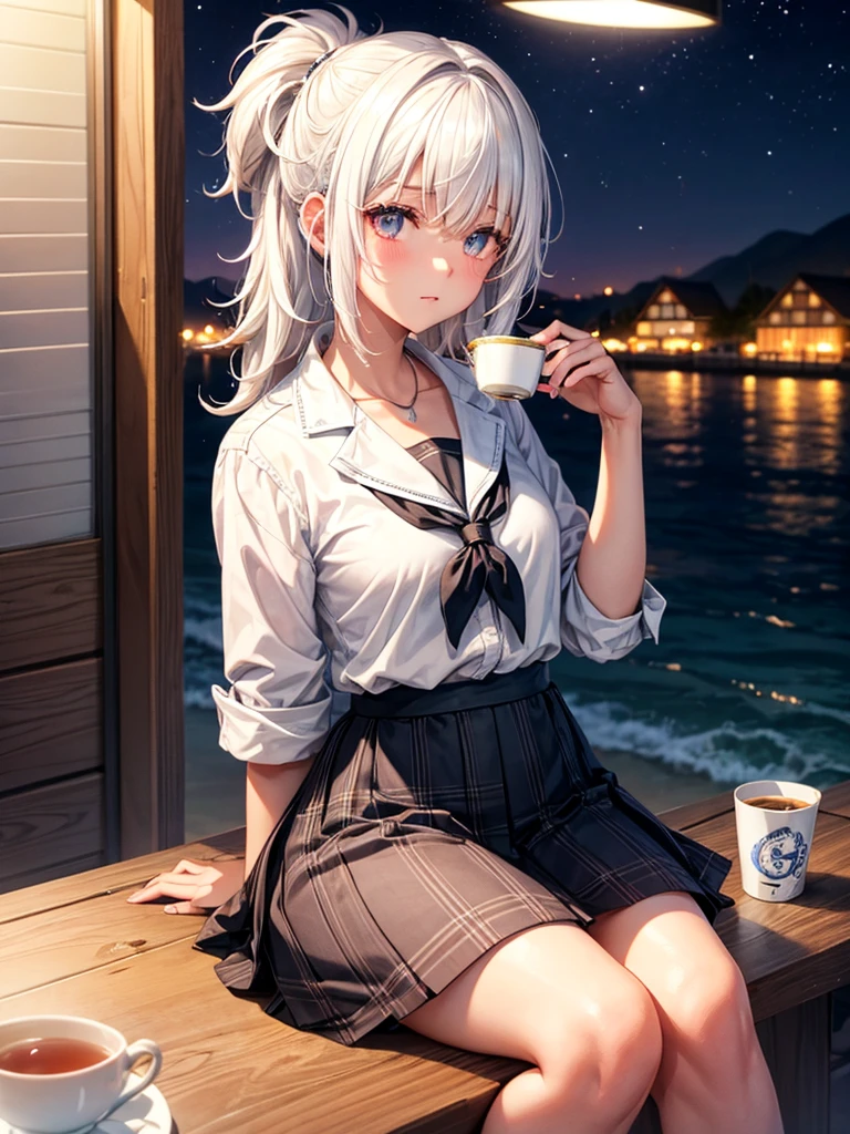 School girl, white hair, cute hair, Sitting outside the cabin, beach and city in the background, diffuse lights, night, taking tea, short messy hair, neon lights