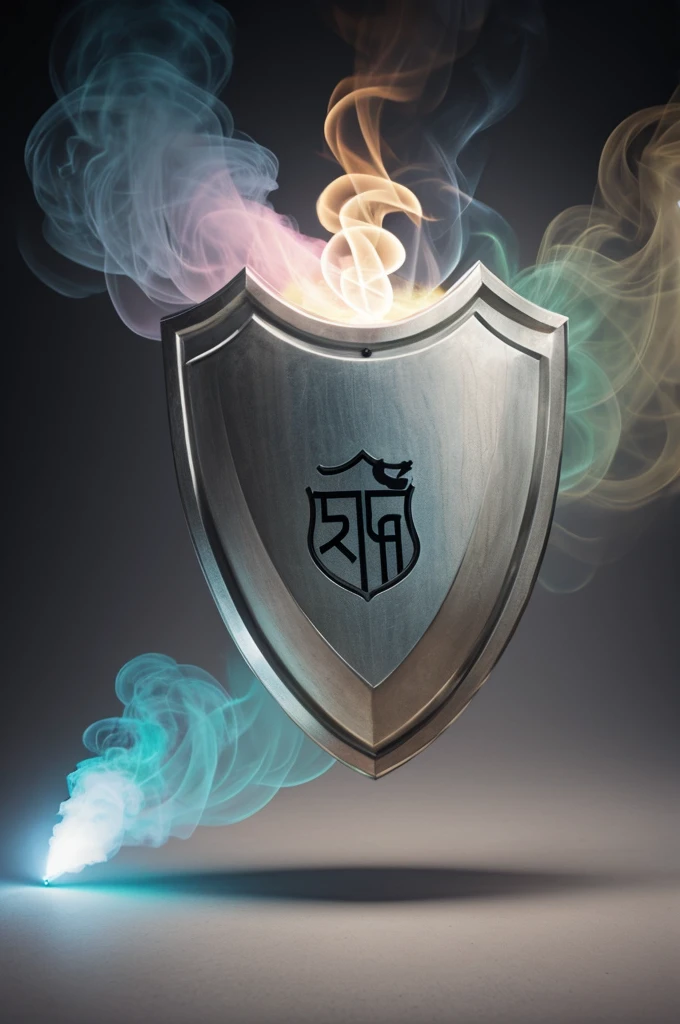 Shield with pastel colored smoke, what say "thesis" with flashes of light.