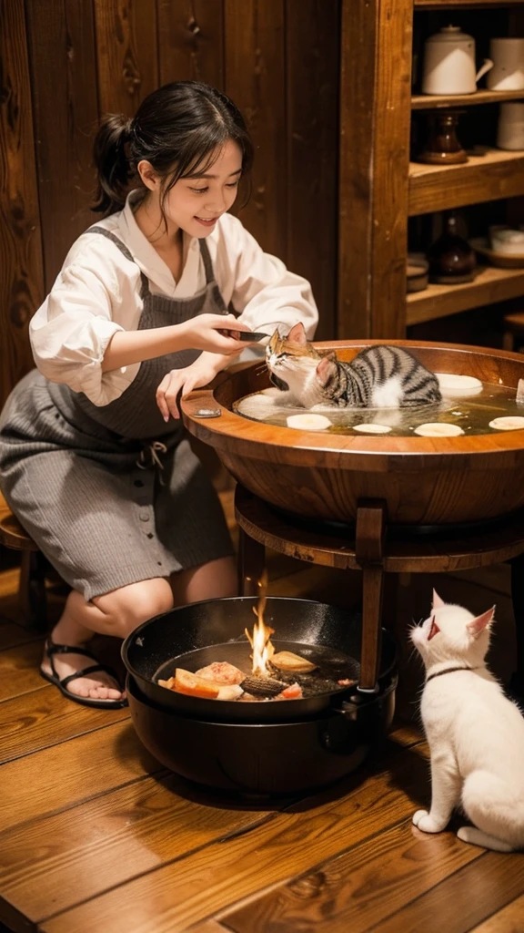 Scene description text In a cozy tavern, Several kittens sitting around a wooden hot pot table。The table is filled with various hot pot ingredients, Steam, Aroma。The kittens are wearing special little aprons, Some use their claws to gently stir the food in the pot., Some lick their lips with their tongues, A look of enjoyment。There is a small pot of sake between them., A cat is holding a small wine glass with its two paws, Cheers with other cats, The pictures are cute and interesting。