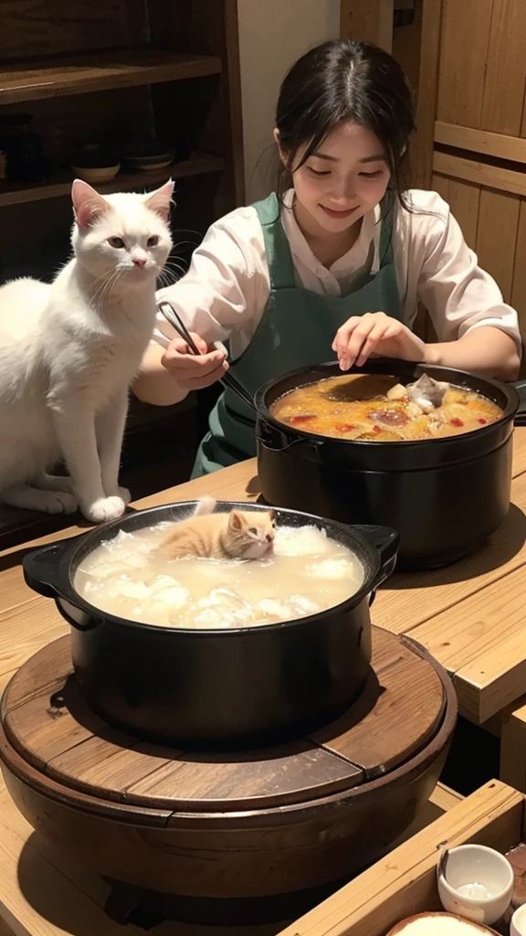 Scene description text In a cozy tavern, Several kittens sitting around a wooden hot pot table。The table is filled with various hot pot ingredients, Steam, Aroma。The kittens are wearing special little aprons, Some use their claws to gently stir the food in the pot., Some lick their lips with their tongues, A look of enjoyment。There is a small pot of sake between them., A cat is holding a small wine glass with its two paws, Cheers with other cats, The pictures are cute and interesting。