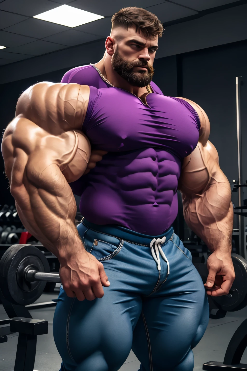 Zangief araffe man with purple shirt and tight blue pants with a large messy volume with obvious veins , with beard, Very beauthful. big muscles, big muscles, extremamente brawny, wearing purple undershirt, huge muscles, exaggeratedly large physique, big muscles, strong and imposing, huge muscles, muito brawny, huge shiny muscles, muito brawny, brawny, exaggerated muscular physique, big muscle, big biceps