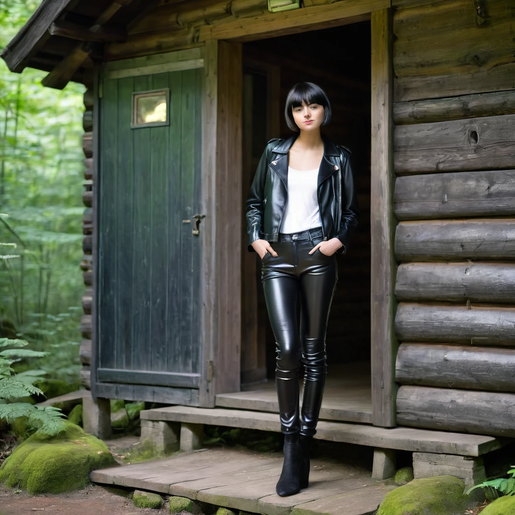 young 18 year old girl, shiny black leather trousers and jacket, skinny body, short black hair, she is standing in front of a door of a hut in the forest