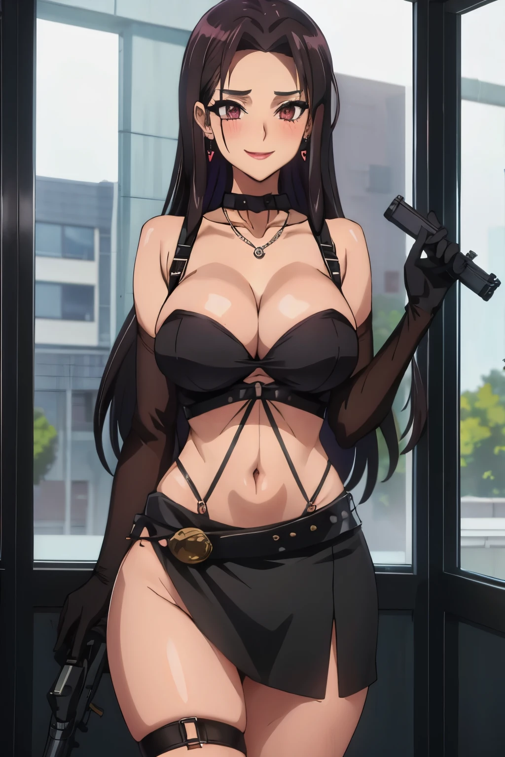 aaluis, long hair, facial mark, mole under mouth, breast tattoo, black gloves, blush, lipstick, masterpiece, best quality, ((unbuttoned , cleavage, necklace, earrings, sexy body, breasts)) , micro skirt, smiling, navel , exposed belly, exposed navel, knot, school, classroom , holding a gun, hold a gun,navel piercing, 