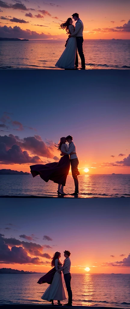 Romantic couple kissing in the wind,Boys and girls,glowing stars,Glow effects,Heart-shaped bubbles,the night,On a cruise ship,The face is clear and accurate,detail in face,super-fine,beachside,16K resolution,high qulity,电影灯光,High picture detail,dynamic viewing angle,Detailed pubic hair,Epic shooting,oc rendered