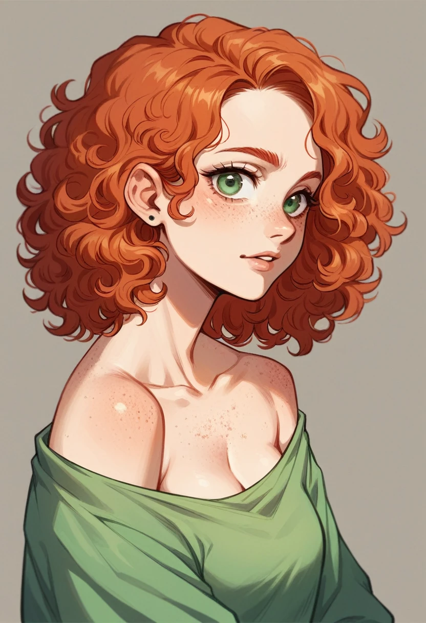 A seven year old girl, redhead, short curly hair, with freckles, green eyes and no clothes