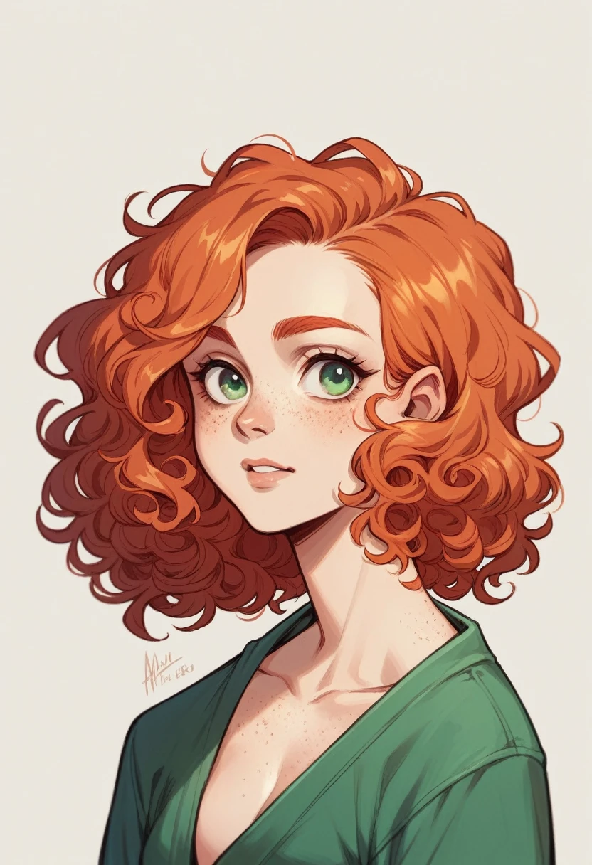 A girl, redhead, short curly hair, with freckles, green eyes and no clothes