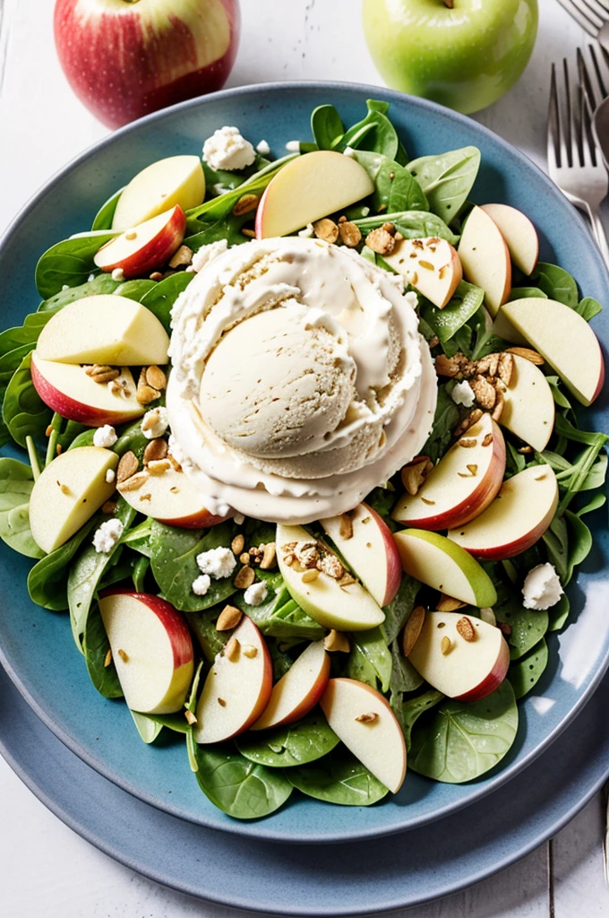 Apple salad accompanied with delicious goose ice cream dessert