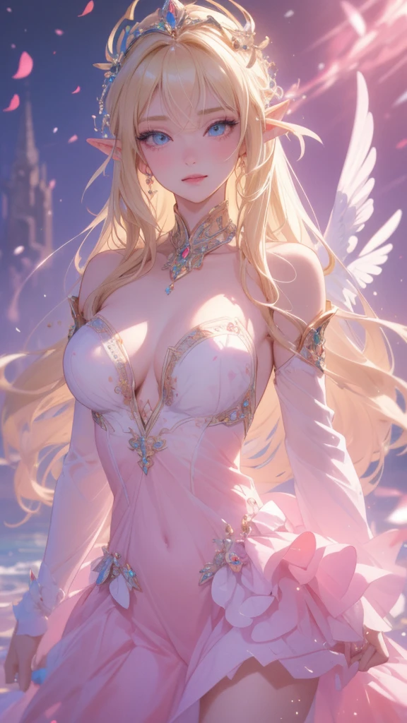  work of art, epic details, ultra detaild, best resolution, blonde, (elf goddess), crown with crystals ((rosto angelical)), eyes locked, (biting lower lip in a sexy way), sculptural body, pink scenery, White and pink clothes, Grinning, happy, expression of contentment, 