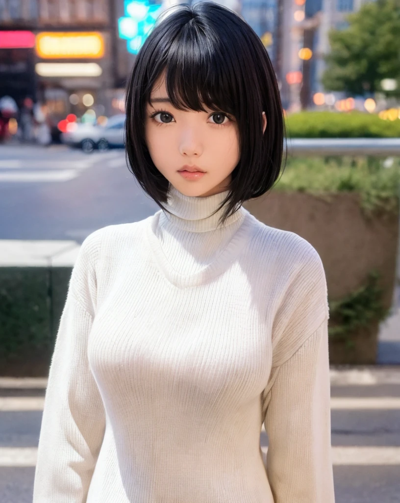 pureerosface_v1:0.24, best quality, photorealistic, 8k, high res, 1girl, woman, (skindentation), (portrait:0.6), ((cityscapebackground:1.62)), full color, ((smallsize round breast, highneck sweater:1.5)), straight-looking at viewer:1.8, (1girl eyes looking at viewer:1.55), (long hair, blackhair, partedbangs:1.45), (bokeh),   