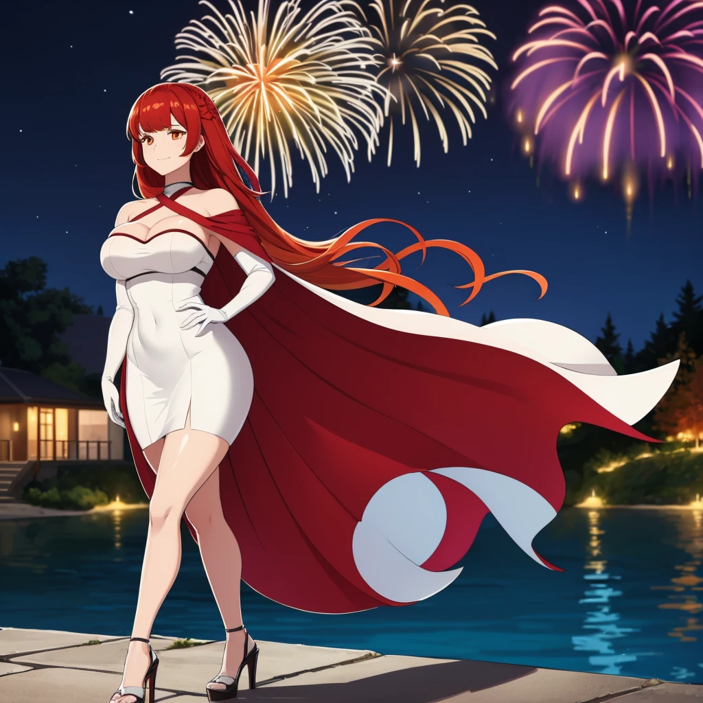 A woman wearing luxury white dress, wearing white fur cape, orange eyes, red auburn hair, long hair, smiling, white glove, exposed shoulder, big breasts, white heels, standing posture, walking on a concrete platform near a lake, place at night, modern building in the background with fireworks in the sky. UHD , prime work , accurate , anatomically correct , textured skin , super details , high quality , best quality, 8k, high resolution, bokeh effect. (woman alone), close view.
