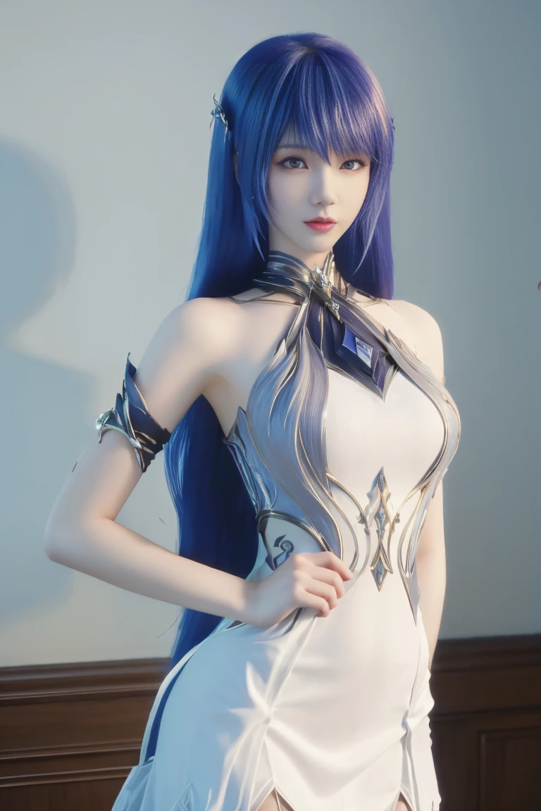 best quality, tmasterpiece,Ultra-high resolution,Clear face,（Reality：1.4），ferpect lighting，(upper body shot), (photorealistic:1.50), anime wallpaper, Guviz style artwork, cover-up fantasy up to magic , by Yang J, Guviz, beautiful artwork illustration, beautiful digital artwork, beautiful digital illustration, Li Song, beautiful anime portrait, art style in Beauvot, (1girl : 1.2), (simple background,  Room background,: 1.2),(look at viewer: 1.2),(beautiful face: 1.2),
portrait, detailed face, 
thighhighs, bare shoulders, hair ornaments, white hair, (white dress:1.5), absudres, Chinese dress, indoor,

caier, 