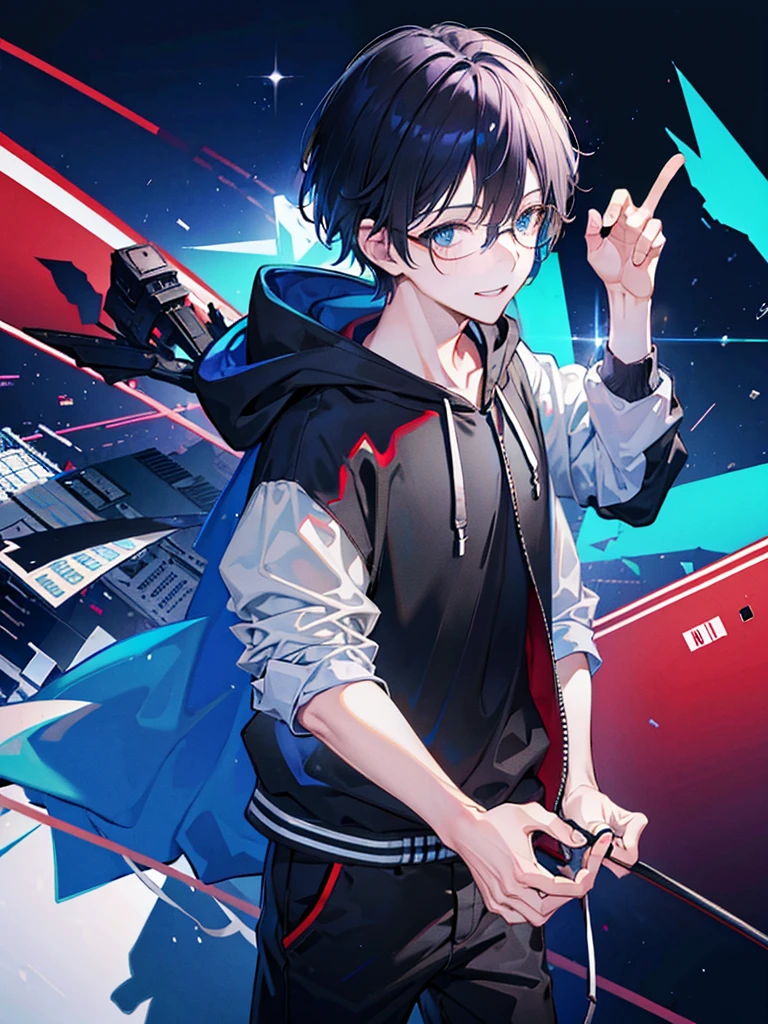  (((masterpiece))), best quality, Ultra-fine CG unity 8k wallpaper (1 Boy)((Black short hair)), ((blue eyes)), ((Black glasses)) (Gentle smile) (Red Hoodie)campus 