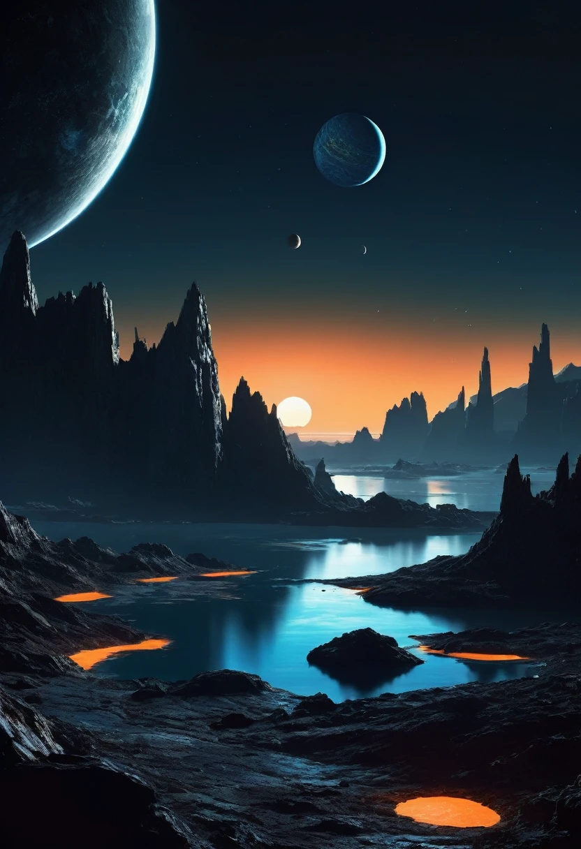 create a view of two dark gray rocky planets superimposed in dark night space, seen from the orange surface of a mountainous PLANET with dark blue water surface, cyberpunk style at night in the distance, has a wide, low building, like a dark gray research station, with illuminated windows embedded in the rock,  space is dark and you can only see the silhouette of one side of the planets through the dense atmosphere, total dark, dark horizon, penumbra, as realistic as possible, the sun is out of the picture, has a horizontal building with illuminated windows, This&#39;a small-scale building on the rock, dark and eerie scientific facility