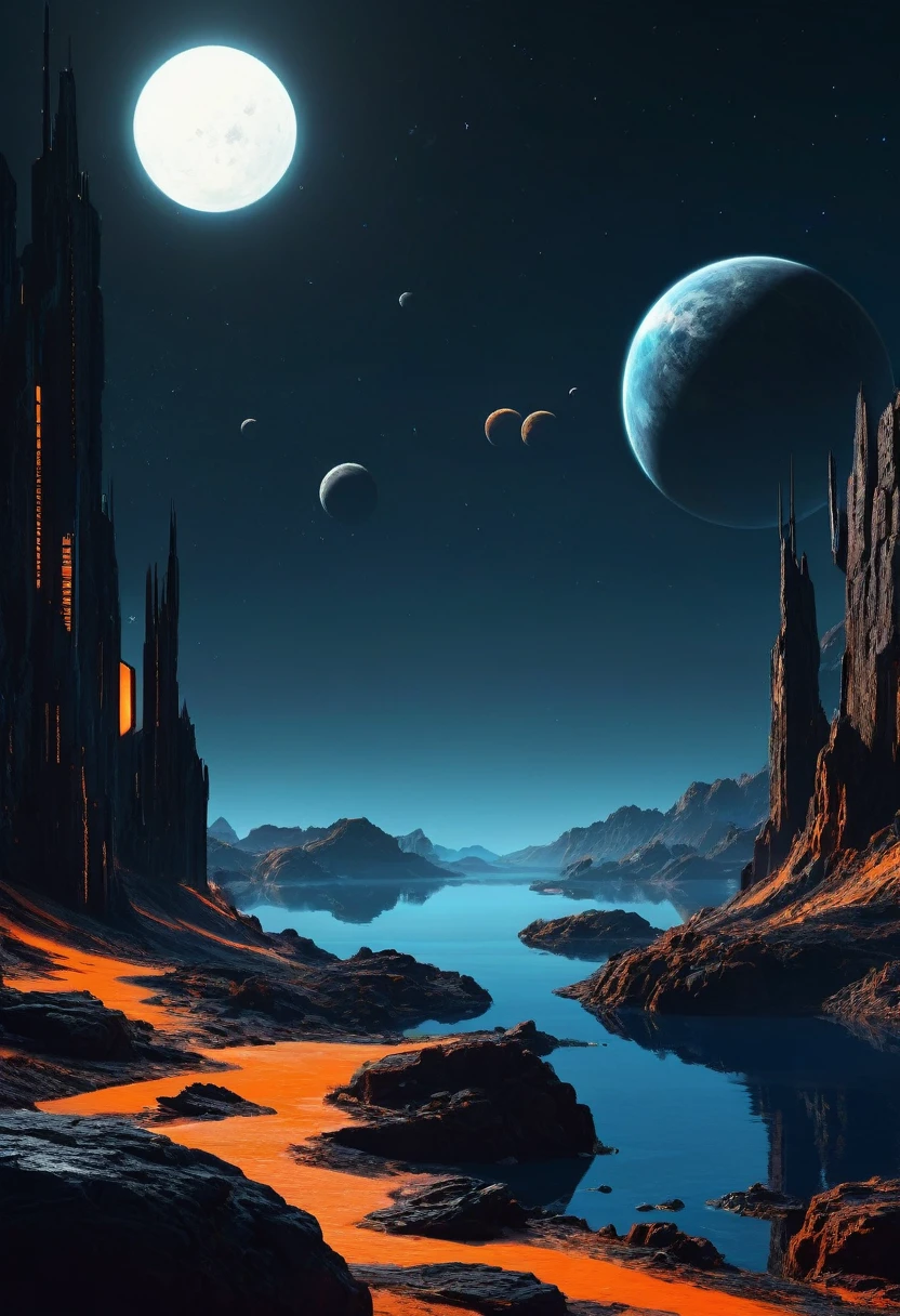 create a view of two dark gray rocky planets superimposed in dark night space, seen from the orange surface of a mountainous PLANET with dark blue water surface, cyberpunk style at night in the distance, has a wide, low building, like a dark gray research station, with illuminated windows embedded in the rock,  space is dark and you can only see the silhouette of one side of the planets through the dense atmosphere, total dark, dark horizon, penumbra, as realistic as possible, the sun is out of the picture, has a horizontal building with illuminated windows, This&#39;a small-scale building on the rock, dark and eerie scientific facility