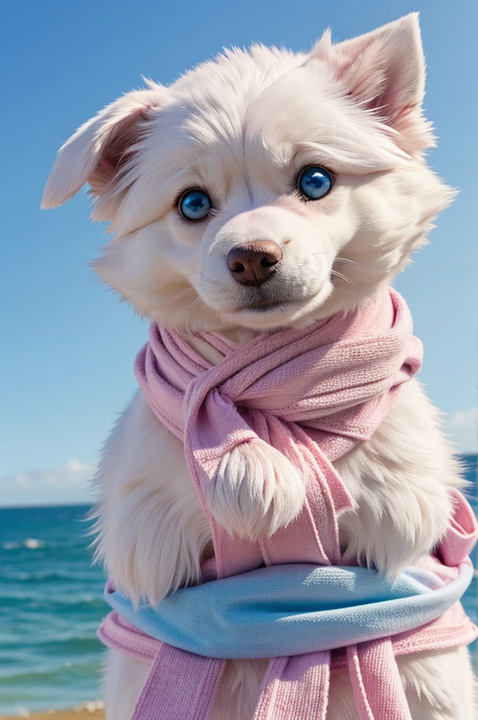 Anthropomorphic pink and white canine character with fluffy fur. The character has bright blue eyes, wears a light blue scarf, and is standing against a background of a sunny sky and ocean. The character's expression is calm and contemplative, and its ears are slightly folded.