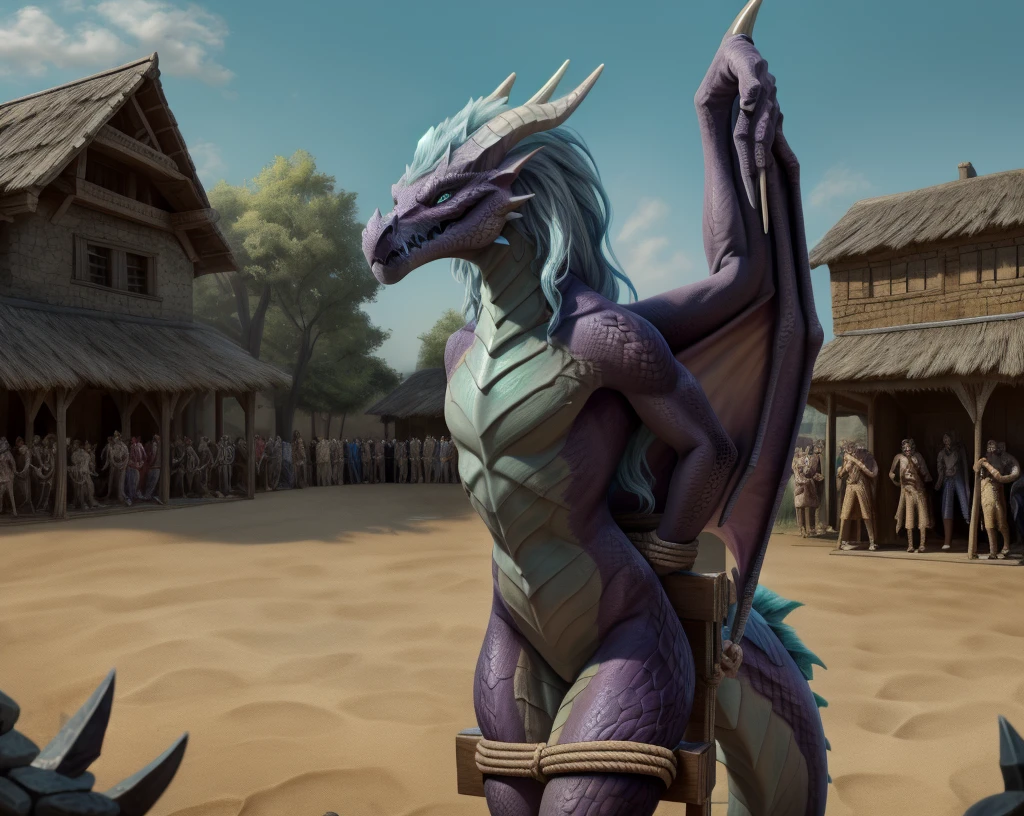 an extremely talented impressionist painting of mature AurothDOTA wyvern in aravic slave market, tents, crowd in hats, masterpiece, best quality, ultra-high-detailed, feral, female, quadripedal, detailed scales, slim body, athletic, curvy, light blue mane, uploaded on e621, nsfw, questionable content, scalie, wings, wyvern, small breats, flat chested, beaten, legs together, legs tied together tightly, bdsm, bound, restrained, arms behind back,(((rope))),ripples, tied up, rope, tally marks on belly, broken rape victim, standing, head put through stocks, focus on face, angry expression, angry face, fury, dragon slave