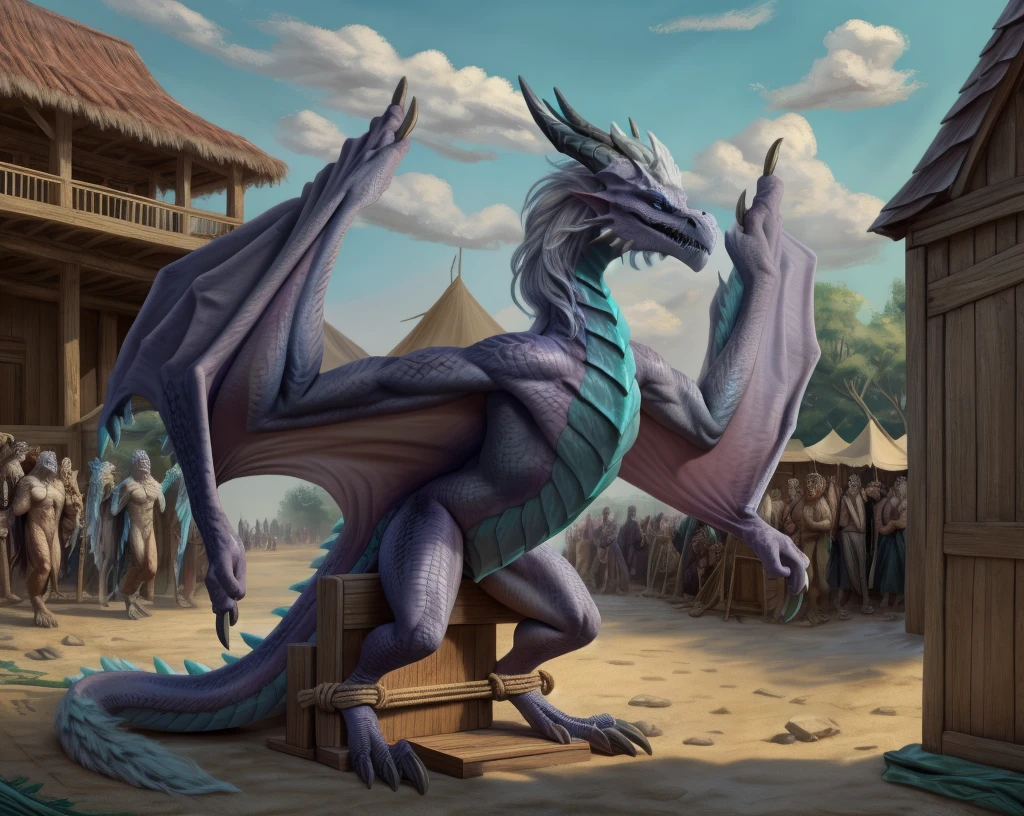 an extremely talented impressionist painting of mature AurothDOTA wyvern in aravic slave market, tents, crowd in hats, masterpiece, best quality, ultra-high-detailed, feral, female, quadripedal, detailed scales, slim body, athletic, curvy, light blue mane, uploaded on e621, nsfw, questionable content, scalie, wings, wyvern, small breats, flat chested, beaten, legs together, legs tied together tightly, bdsm, bound, restrained, arms behind back,(((rope))),ripples, tied up, rope, tally marks on belly, broken rape victim, standing, head put through stocks, focus on face, angry expression, angry face, fury, dragon slave