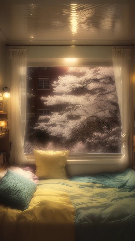 There is a bed with a yellow quilt and a window., Cozy place, Indoors on a rainy day, Cozy rooms, Cozy and quiet atmosphere, Cozy and calm, A soothing and comfortable landscape, reading corner, Cozy environment, Rainy day outside, Rainy Afternoon, Cozy atmosphere, Cozy atmosphere, relax time. Nice view, Relaxing environment, cozy wallpaper, Quiet and peaceful atmosphere