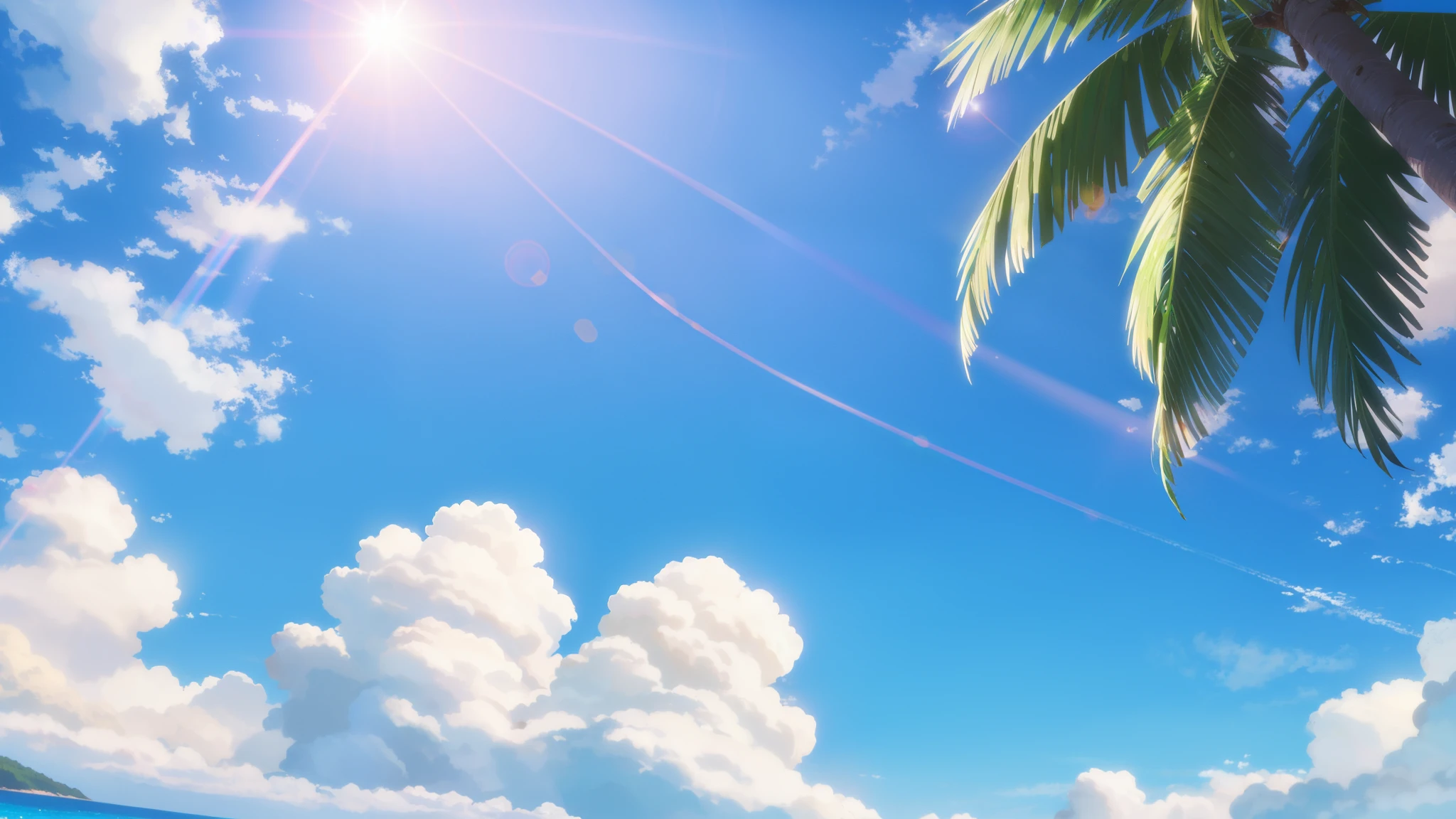 shinkai makoto, kimi no na wa., outdoors, summer, beach, palm tree, cloudy, sunlight, lens_flare, blue sky