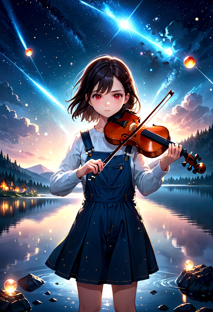 a young girl playing violin, dark hair, red eyes like glass orbs, serious expression, night sky, full of stars, a comet, on a lake, overall scene, with light particles scattered, bokeh effect, best quality, 8k, high resolution, masterpiece