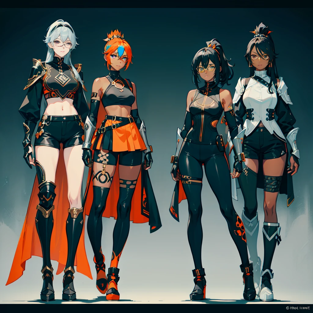 (((One character))), Female, (((Dark Skin)))), Black Hair with Ponytail, Light Blue Eyes, Round Glasses with a Little Dark Lens with this Lens being Orange, and the Light Blue Color frame, (((Black Metallic Gauntlets and Greaves with Orange and Silver Highlights)), (((The Clothes Have a Mix of Modern and Tribal)))), Having Mostly Black Color, but having Orange Parts, Shoulders on Display, On the Hip a Shorts extending to Half of the Thigh of black color.